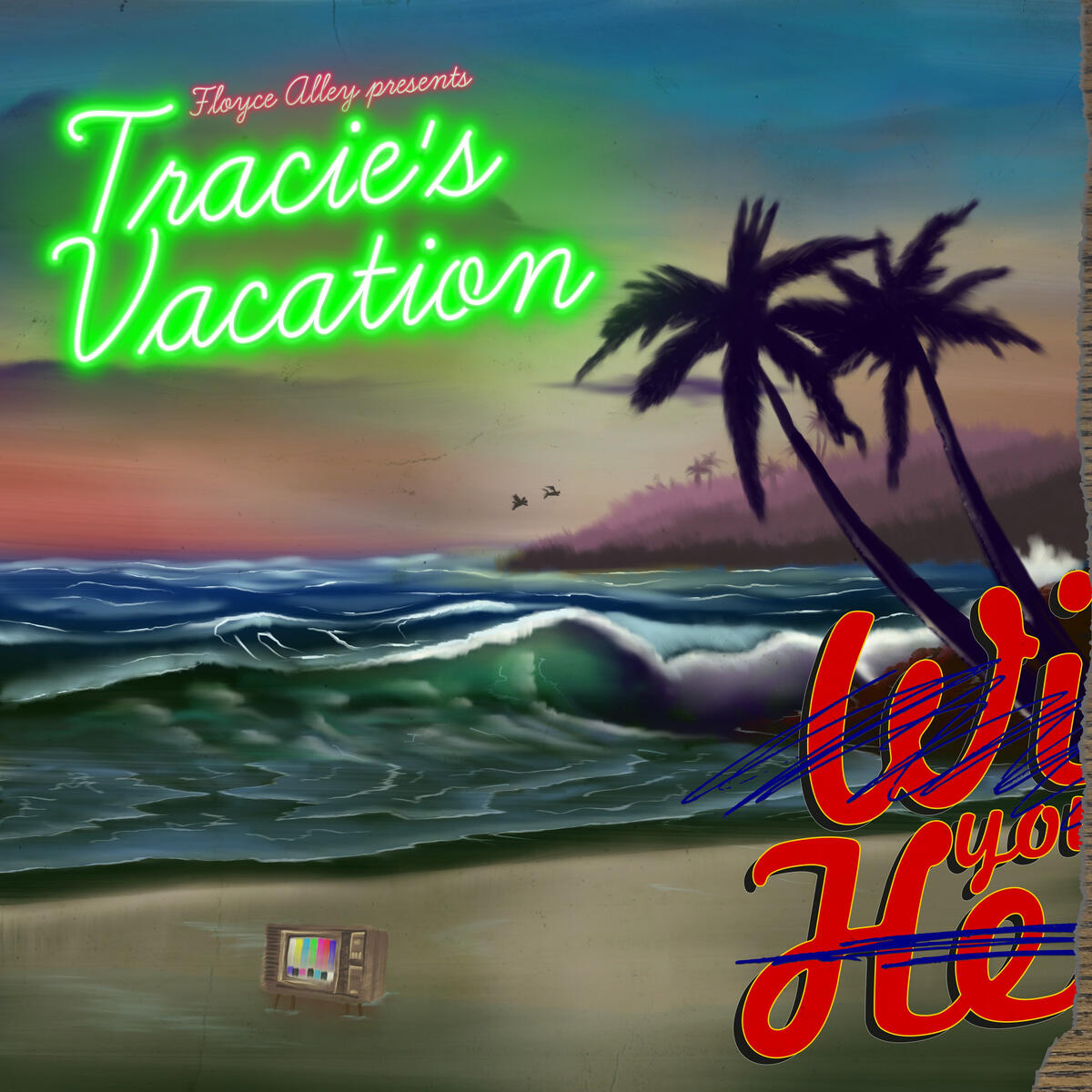 A ripped up postcard: digital painting of a beach at sunset: two bat-cats flying in the distance, roiling waves, palm trees, an old TV in the sand: band name and album title in neon.