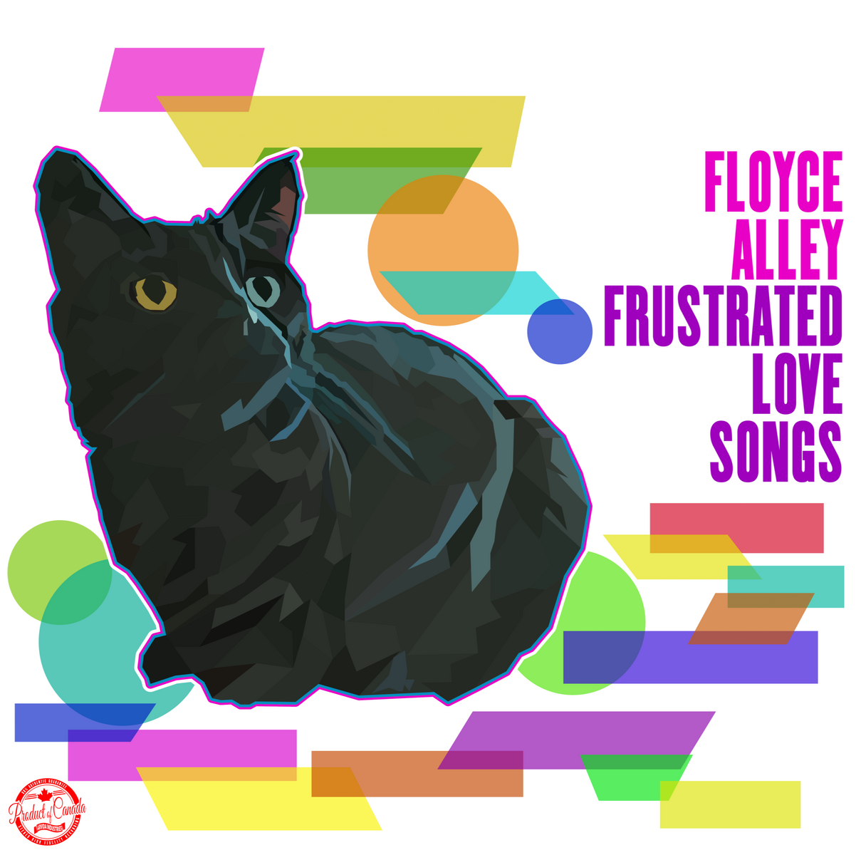 White background; black cat with bat wings wrapped around their body; colourful shapes with pink band name and purple album title.