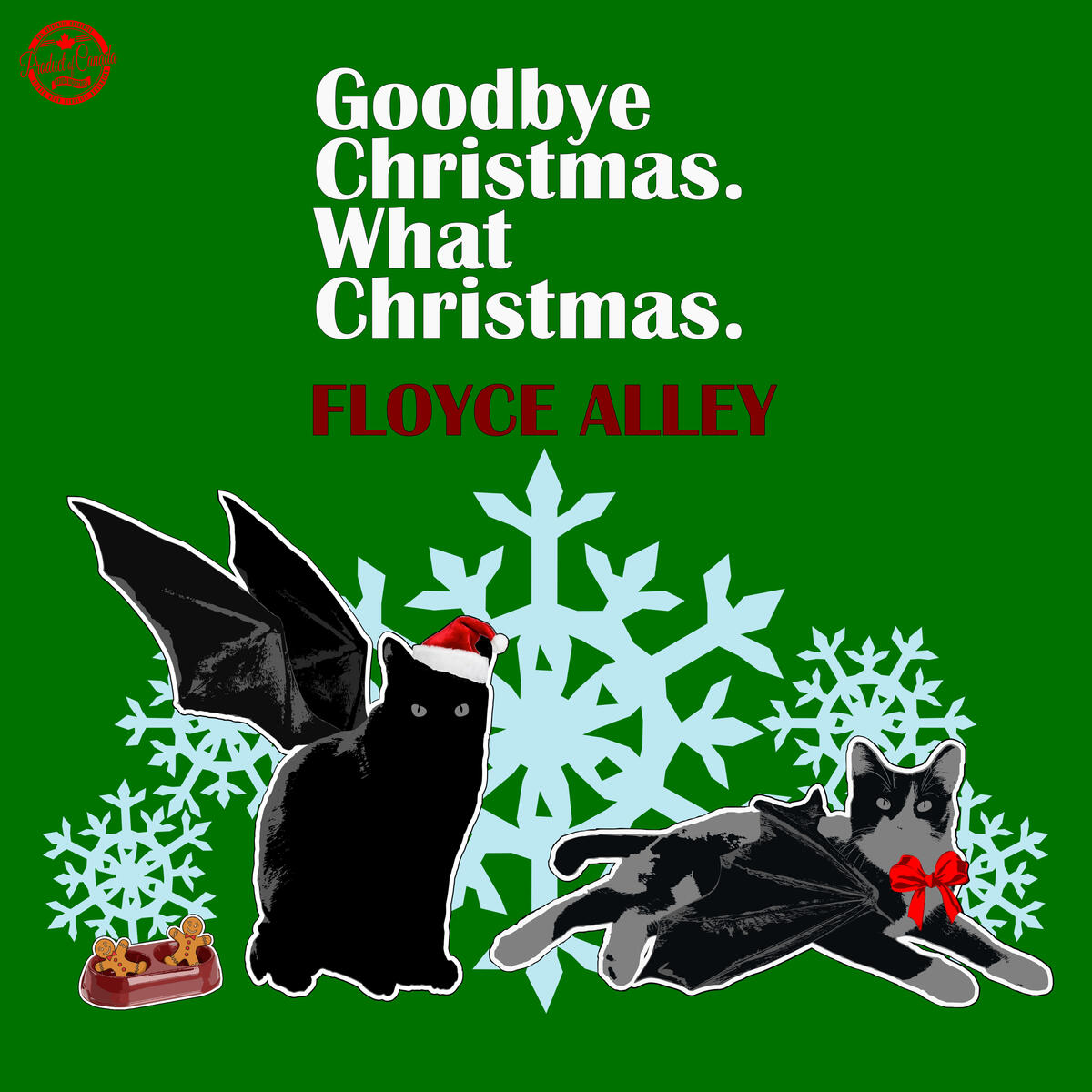 Green background with two bat cats looking at camera: white album title, red band name.