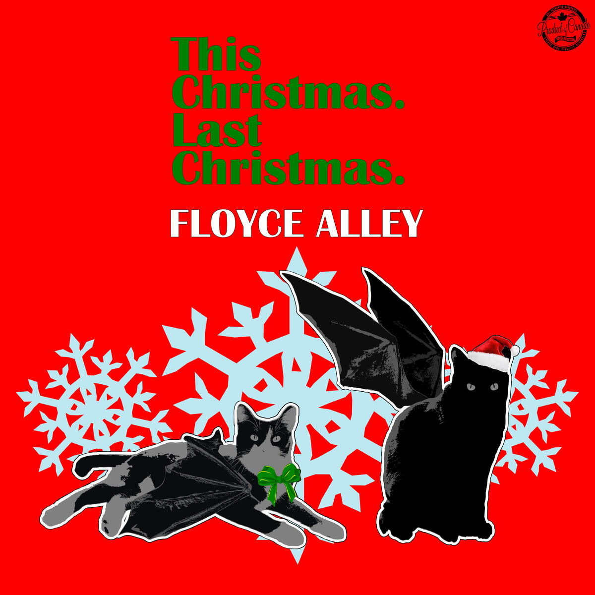 Red background with two bat cats looking at camera; green album title, white band name.